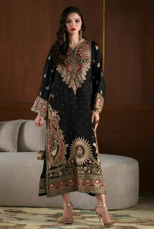 ETHNIC HEAVY EMBROIDERED SILK UNSTITCH 3PC KAFTAN