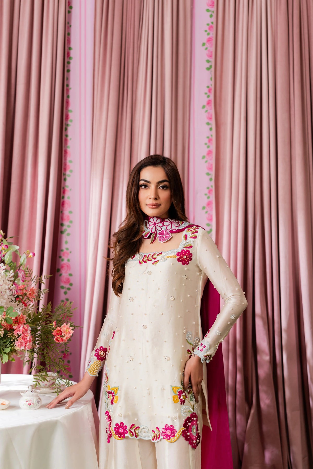 SHANZY ANOOSHY EMBROIDERED SILK UNSTITCH 3PC SUIT