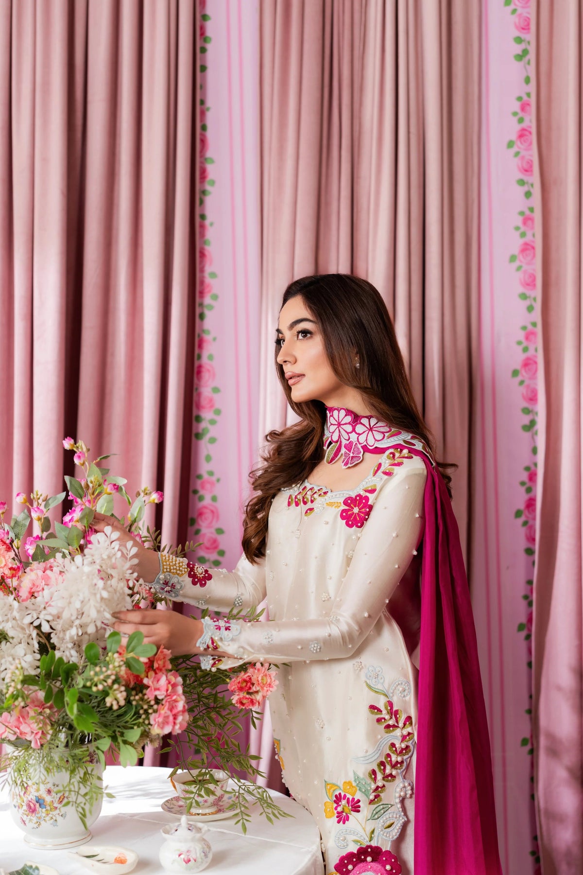 SHANZY ANOOSHY EMBROIDERED SILK UNSTITCH 3PC SUIT