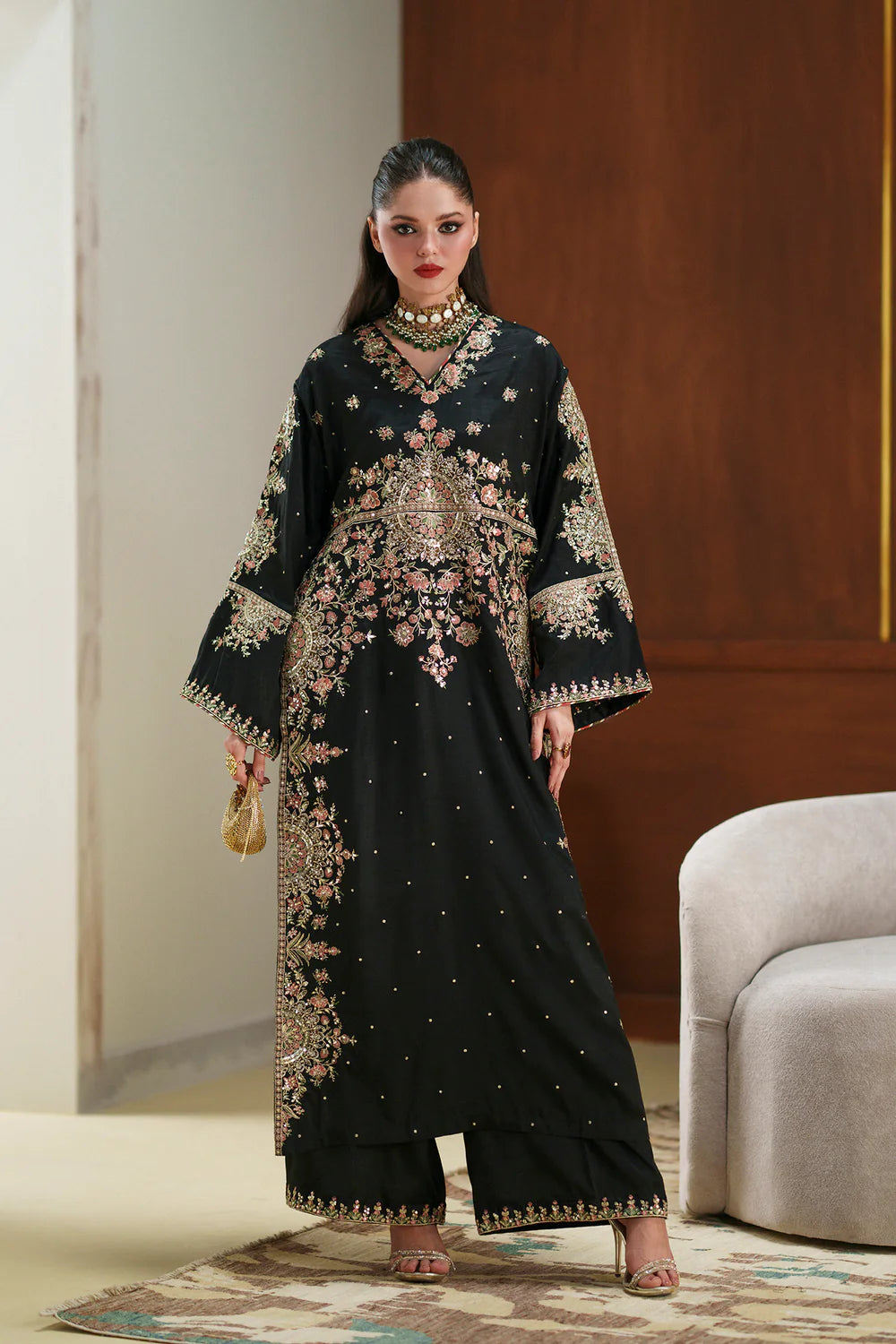 ETHNIC - LUXURY SILK HEAVY EMBROIDERED UNSTITCHED 3PC | KAFTAN JET BLACK
