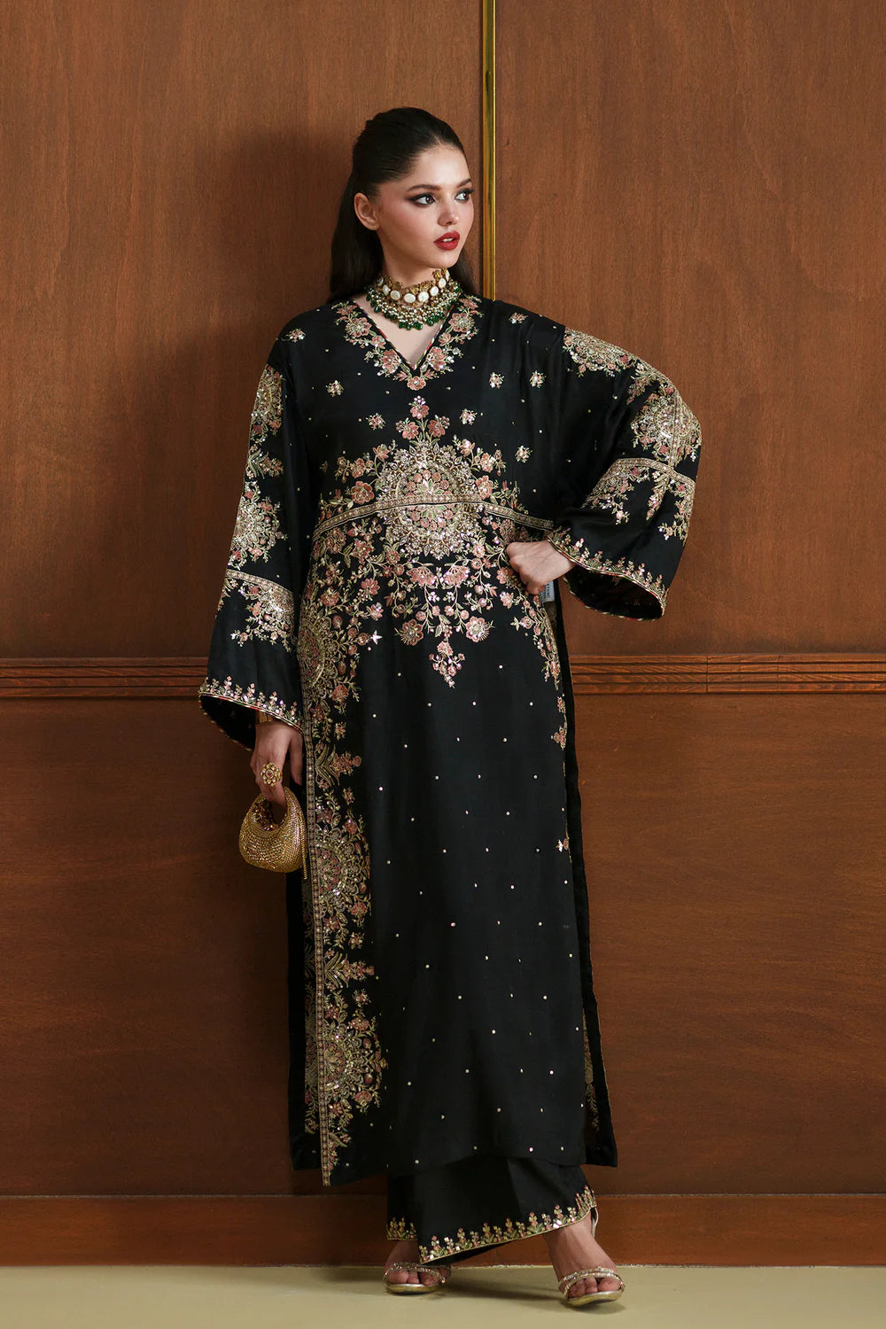 ETHNIC - LUXURY SILK HEAVY EMBROIDERED UNSTITCHED 3PC | KAFTAN JET BLACK