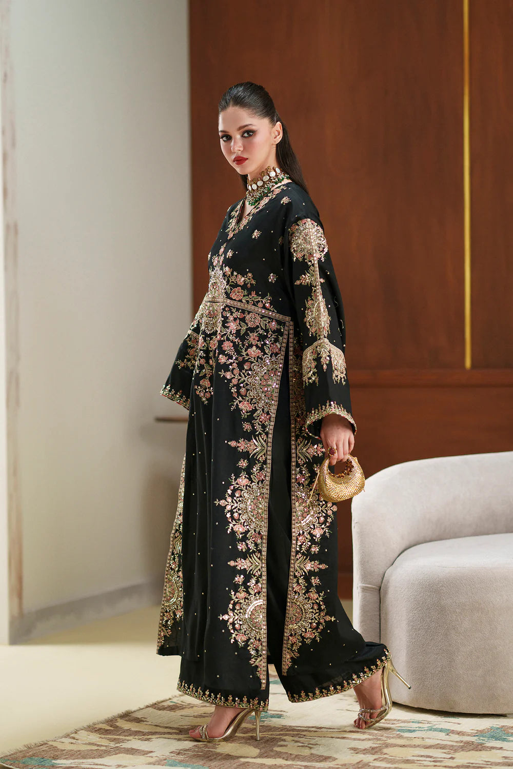 ETHNIC - LUXURY SILK HEAVY EMBROIDERED UNSTITCHED 3PC | KAFTAN JET BLACK