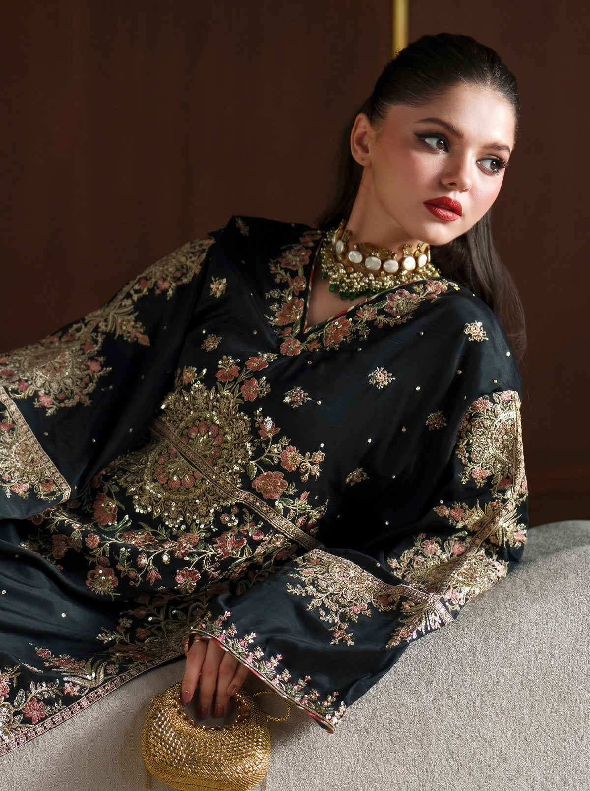 ETHNIC - LUXURY SILK HEAVY EMBROIDERED UNSTITCHED 3PC | KAFTAN JET BLACK