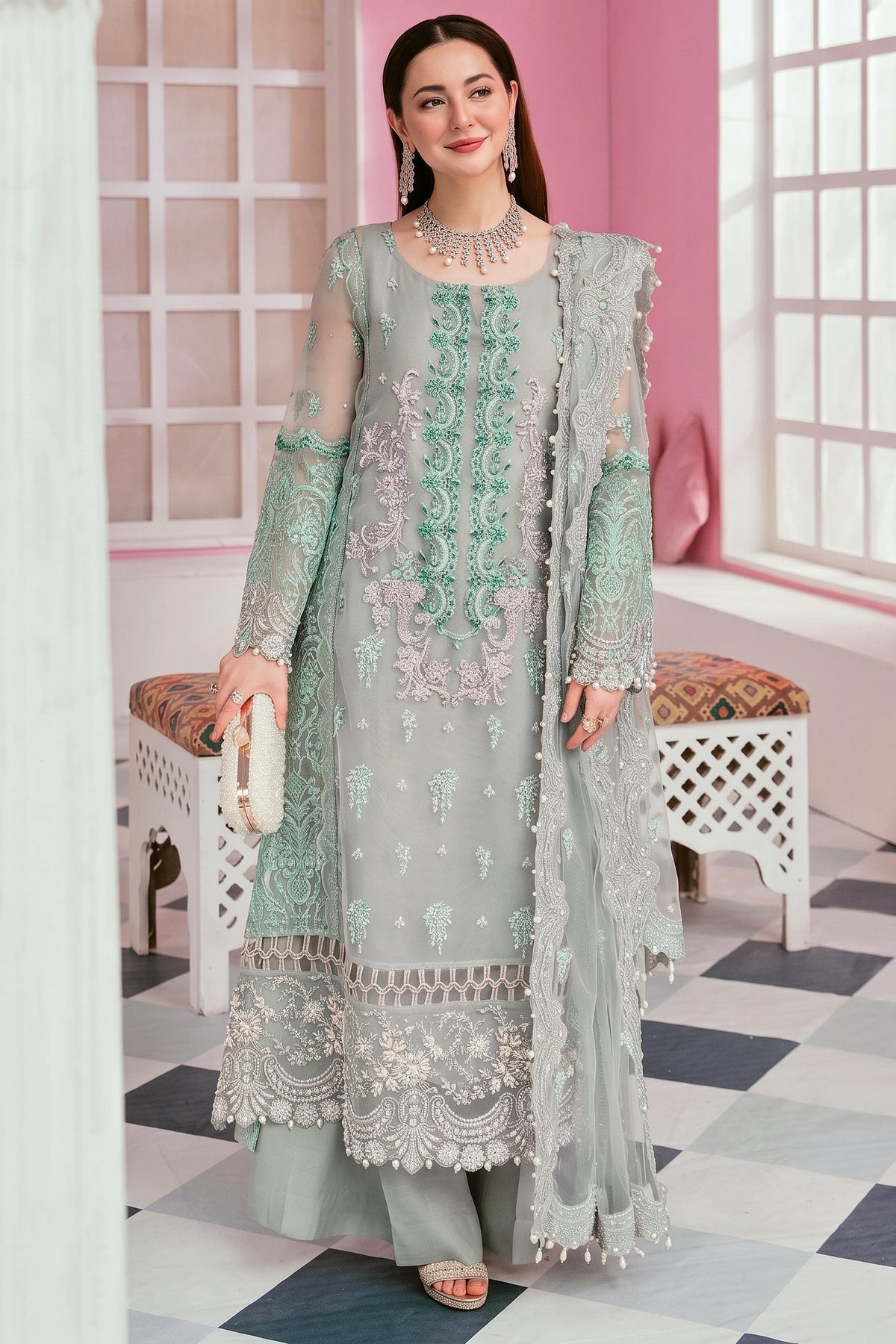 EMBROIDERED ORGANZA UNSTITCHED 3PC SET