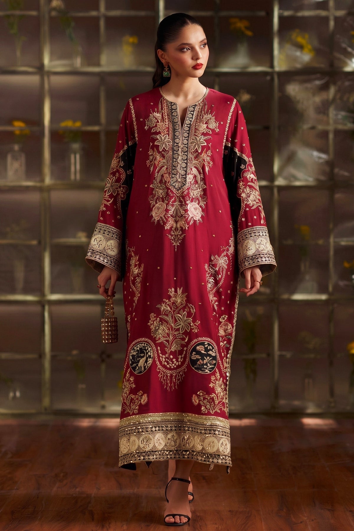 3PC SILK ETHNIC KAFTAN UNSTITCH