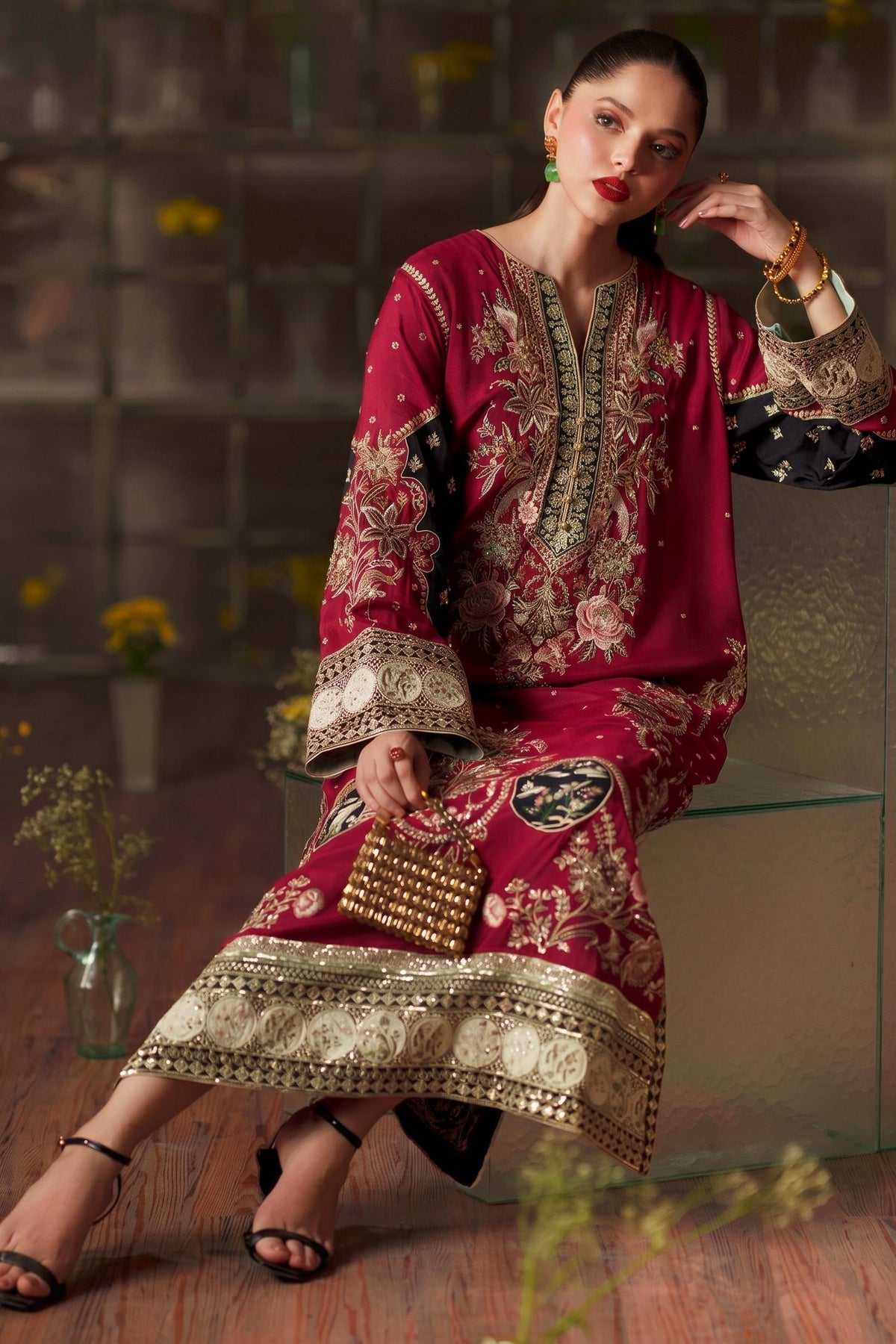 3PC SILK ETHNIC KAFTAN UNSTITCH