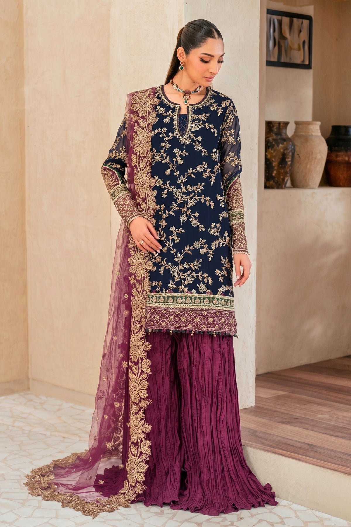 HEAVY EMBROIDERED CHIFFON 3PC UNSTITCH